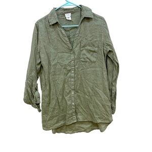 Sigrid Olsen 100% Linen Tab Sleeve Button Front Short Green Womens M